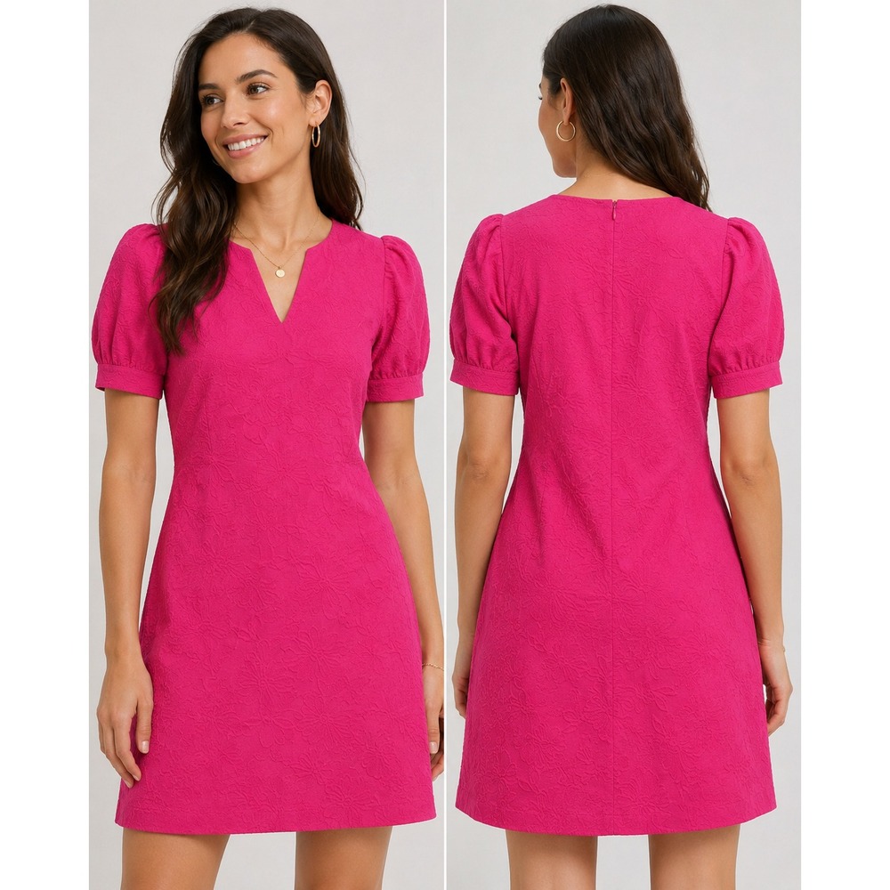 Tommy Hilfiger Dress Womens 6 Pink Jacquard Floral Puff Sleeve Sheath V Neck